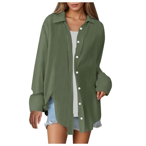 ECUNGWUA Musselin Bluse Damen Sommer Oversized Hemdbluse Elegant Langarm Leinenbluse Übergroße Longbluse Button-Down Blusen Locker Tunika Oberteile leinenhemd Damen(XXL) von ECUNGWUA