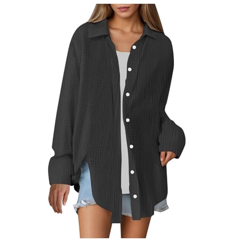 ECUNGWUA Musselin Bluse Damen Sommer Oversized Hemdbluse Elegant Langarm Leinenbluse Übergroße Longbluse Button-Down Blusen Locker Tunika Oberteile musselin Bluse(Black, M) von ECUNGWUA