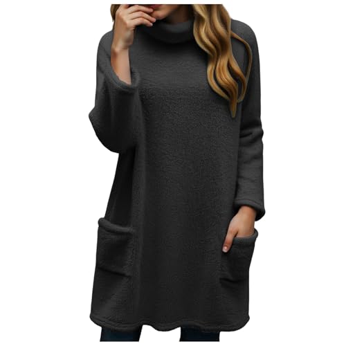 ECUNGWUA Pullover Damen Elegant Rollkragenpullover Teddy Fleecepullover Warme Langarmshirt Basic Sweatshirt Herbst Winter Lässig Oberteile mit Taschen (XXL) von ECUNGWUA