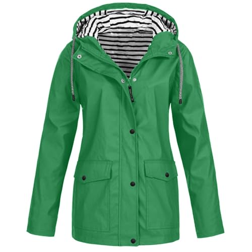 ECUNGWUA Regenjacke Damen Wasserdicht Atmungsaktiv Softshelljacke Elegant Einfarbig Regenmantel Leichte Sommerjacke Große Größen Lang Übergangsjacke mit Kapuze Gefüttert Funktionsjacke (Green, XXXL) von ECUNGWUA