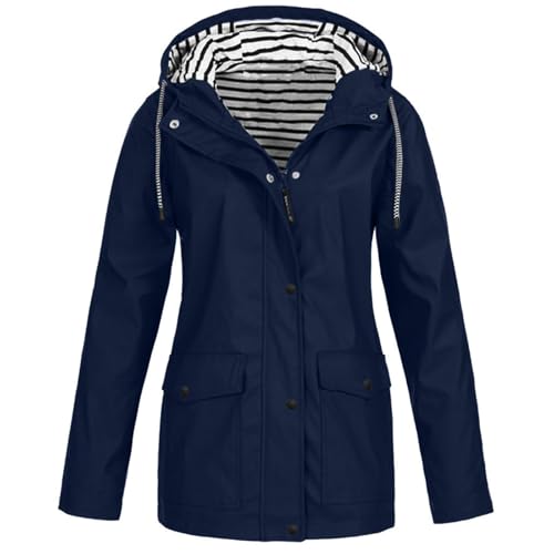 ECUNGWUA Regenjacke Damen Wasserdicht Atmungsaktiv Softshelljacke Elegant Einfarbig Regenmantel Leichte Sommerjacke Große Größen Lang Übergangsjacke mit Kapuze Gefüttert Funktionsjacke (Navy, L) von ECUNGWUA