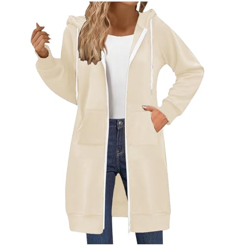 ECUNGWUA Sweatjacke Damen Oversize Lange Zip Kapuzenpullover Einfarbig Sweatshirt Jacke Baumwolle Sportjacke Herbst Winter Übergangsjacke mit Kapuze Casual Hoodie (01-Beige, M) von ECUNGWUA