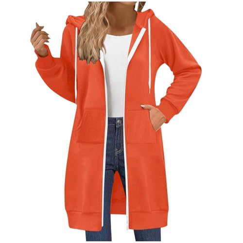ECUNGWUA Sweatjacke Damen Oversize Lange Zip Kapuzenpullover Einfarbig Sweatshirt Jacke Baumwolle Sportjacke Herbst Winter Übergangsjacke mit Kapuze Casual Hoodie (01-Orange, S) von ECUNGWUA