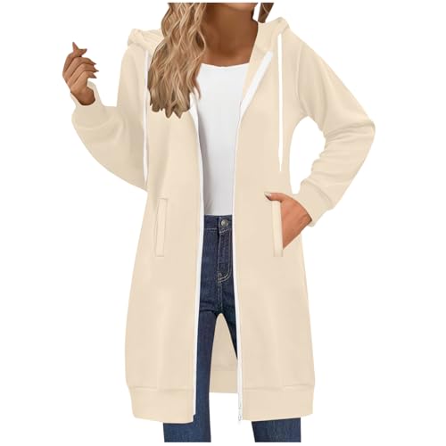 ECUNGWUA Sweatjacke Damen Oversize Lange Zip Kapuzenpullover Einfarbig Sweatshirt Jacke Baumwolle Sportjacke Herbst Winter Übergangsjacke mit Kapuze Casual Hoodie (02-Beige, M) von ECUNGWUA