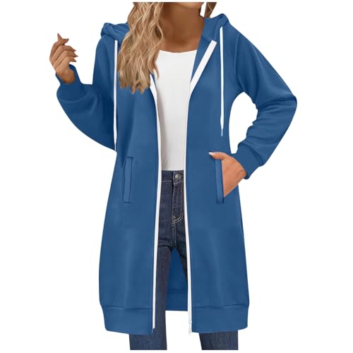 ECUNGWUA Sweatjacke Damen Oversize Lange Zip Kapuzenpullover Einfarbig Sweatshirt Jacke Baumwolle Sportjacke Herbst Winter Übergangsjacke mit Kapuze Casual Hoodie (02-Blue, L) von ECUNGWUA