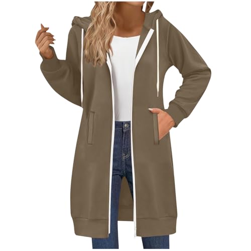 ECUNGWUA Sweatjacke Damen Oversize Lange Zip Kapuzenpullover Einfarbig Sweatshirt Jacke Baumwolle Sportjacke Herbst Winter Übergangsjacke mit Kapuze Casual Hoodie (02-Khaki, L) von ECUNGWUA