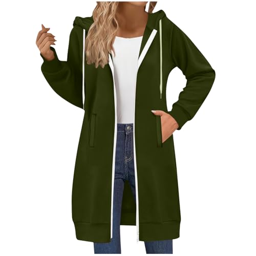 ECUNGWUA Sweatjacke Damen Oversize Lange Zip Kapuzenpullover Einfarbig Sweatshirt Jacke Baumwolle Sportjacke Herbst Winter Übergangsjacke mit Kapuze Casual Hoodie (L) von ECUNGWUA