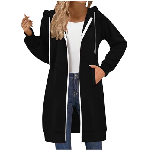 ECUNGWUA Sweatjacke Damen Oversize Lange Zip Kapuzenpullover Einfarbig Sweatshirt Jacke Baumwolle Sportjacke Herbst Winter Übergangsjacke mit Kapuze Casual Hoodie (M) von ECUNGWUA