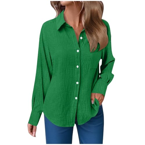 Musselin Bluse Damen Langarm Shirts Oversized Leinenbluse Elegant Einfarbig Leinenhemd Weiche Baumwolle Button-Down Herbst Hemd mit Taschen (013-Green, L) von ECUNGWUA