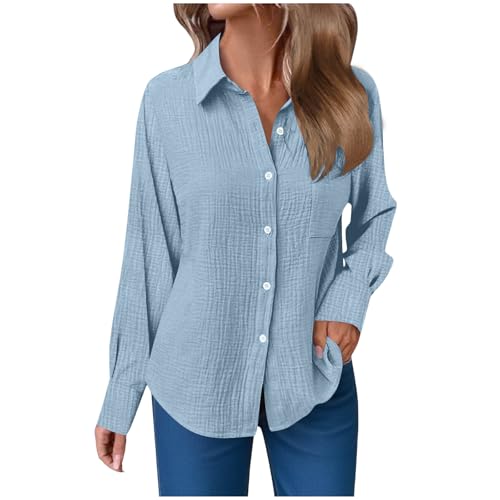 Musselin Bluse Damen Langarm Shirts Oversized Leinenbluse Elegant Einfarbig Leinenhemd Weiche Baumwolle Button-Down Herbst Hemd mit Taschen (015-Sky Blue, L) von ECUNGWUA