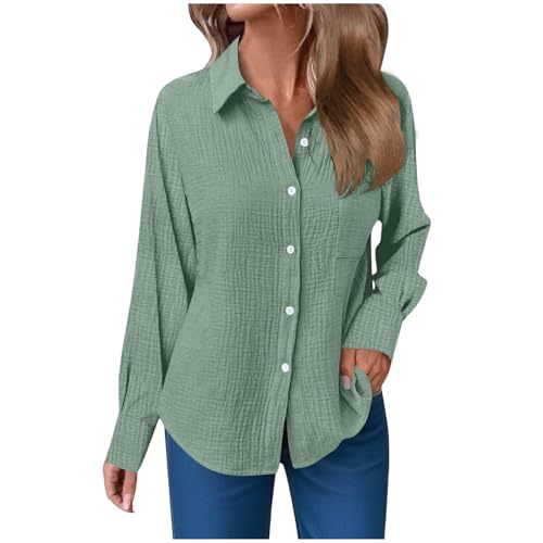 Musselin Bluse Damen Langarm Shirts Oversized Leinenbluse Elegant Einfarbig Leinenhemd Weiche Baumwolle Button-Down Herbst Hemd mit Taschen (017-Light Green, L) von ECUNGWUA