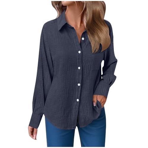 Musselin Bluse Damen Langarm Shirts Oversized Leinenbluse Elegant Einfarbig Leinenhemd Weiche Baumwolle Button-Down Herbst Hemd mit Taschen (019-Navy, L) von ECUNGWUA