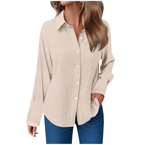 Musselin Bluse Damen Langarm Shirts Oversized Leinenbluse Elegant Einfarbig Leinenhemd Weiche Baumwolle Button-Down Herbst Hemd mit Taschen (02-Beige, L) von ECUNGWUA
