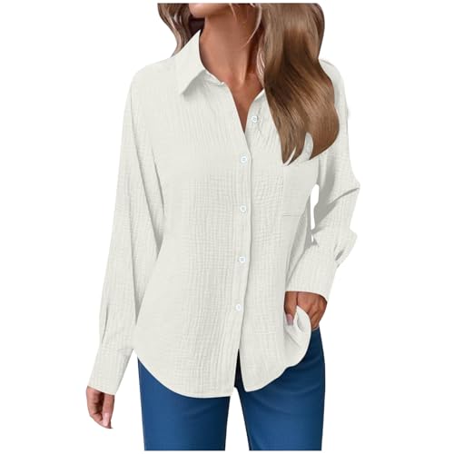 Musselin Bluse Damen Langarm Shirts Oversized Leinenbluse Elegant Einfarbig Leinenhemd Weiche Baumwolle Button-Down Herbst Hemd mit Taschen (025-White, L) von ECUNGWUA