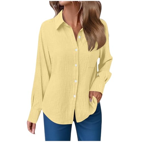 Musselin Bluse Damen Langarm Shirts Oversized Leinenbluse Elegant Einfarbig Leinenhemd Weiche Baumwolle Button-Down Herbst Hemd mit Taschen (026-Yellow, L) von ECUNGWUA