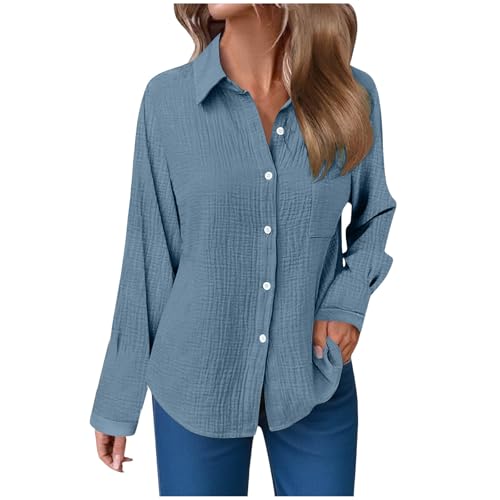 Musselin Bluse Damen Langarm Shirts Oversized Leinenbluse Elegant Einfarbig Leinenhemd Weiche Baumwolle Button-Down Herbst Hemd mit Taschen (03-Dark Blue, L) von ECUNGWUA
