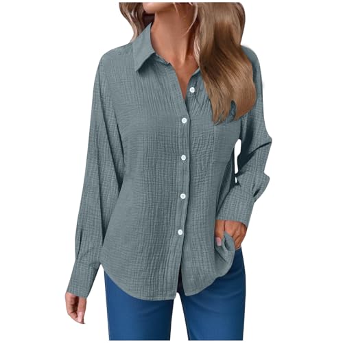 Musselin Bluse Damen Langarm Shirts Oversized Leinenbluse Elegant Einfarbig Leinenhemd Weiche Baumwolle Button-Down Herbst Hemd mit Taschen (08-Grey Blue, S) von ECUNGWUA