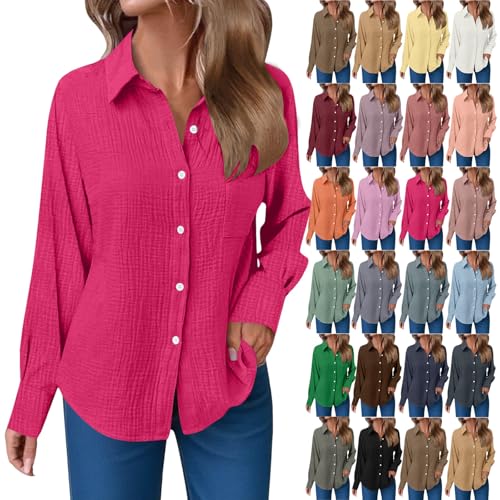 Musselin Bluse Damen Langarm Shirts Oversized Leinenbluse Elegant Einfarbig Leinenhemd Weiche Baumwolle Button-Down Herbst Hemd mit Taschen (L) von ECUNGWUA