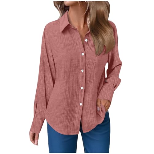 Musselin Bluse Damen Langarm Shirts Oversized Leinenbluse Elegant Einfarbig Leinenhemd Weiche Baumwolle Button-Down Herbst Hemd mit Taschen (L) von ECUNGWUA