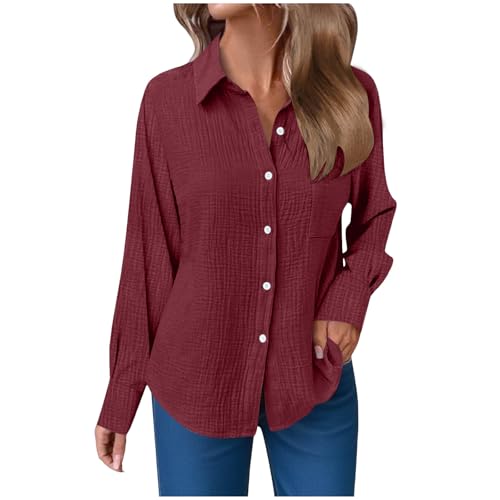 Musselin Bluse Damen Langarm Shirts Oversized Leinenbluse Elegant Einfarbig Leinenhemd Weiche Baumwolle Button-Down Herbst Hemd mit Taschen (L) von ECUNGWUA