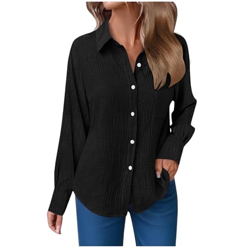 Musselin Bluse Damen Langarm Shirts Oversized Leinenbluse Elegant Einfarbig Leinenhemd Weiche Baumwolle Button-Down Herbst Hemd mit Taschen (L) von ECUNGWUA