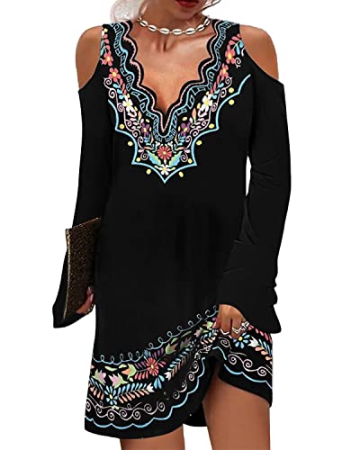 EDAJAWW Damen Boho V-Ausschnitt Langarm Schulterfrei Kleid Damen Elegante Minikleider Lockeres A-Linie Freizeitkleid Tunika Kleid Blusenkleid(A-Schwarz,XXL) von EDAJAWW