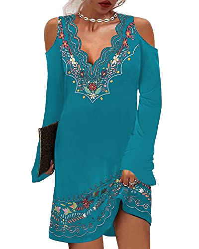 EDAJAWW Damen Boho V-Ausschnitt Langarm Schulterfrei Kleid Damen Elegante Minikleider Lockeres A-Linie Freizeitkleid Tunika Kleid Blusenkleid(Blau,M) von EDAJAWW