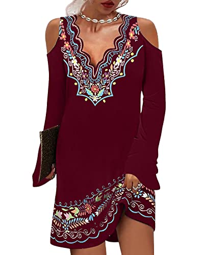 EDAJAWW Damen Boho V-Ausschnitt Langarm Schulterfrei Kleid Damen Elegante Minikleider Lockeres A-Linie Freizeitkleid Tunika Kleid Blusenkleid(Rot,XL) von EDAJAWW