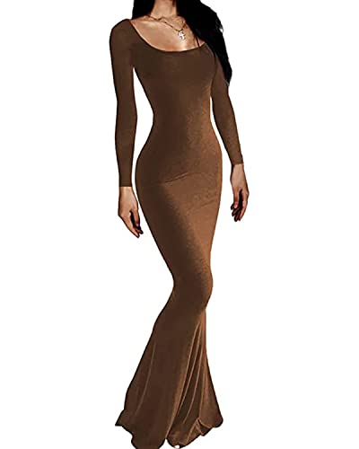 EDAJAWW Damen Sexy Bodycon Maxikleid Einfarbig Low Cut Fischschwanz Kleid Figurbetonte Club Partykleider Cocktailkleid(Braun,M) von EDAJAWW