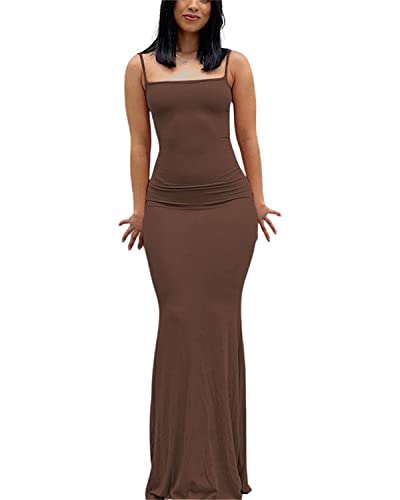 EDAJAWW Damen Sexy Bodycon Maxikleid Einfarbig Low Cut Fischschwanz Kleid Figurbetonte Club Partykleider Cocktailkleid(Z-Braun,L) von EDAJAWW