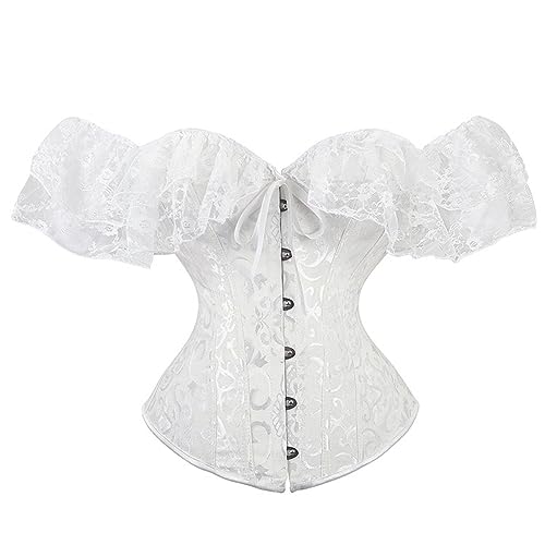 EDANEL Korsett Mit Knochen Und Überbrustbustier,Korsett Oberteil Mit Ärmeln,Bustier Korsett Oberteil Mit Spitze,Frauen Floral Spitze Off Shoulder Korsett (White,M) von EDANEL