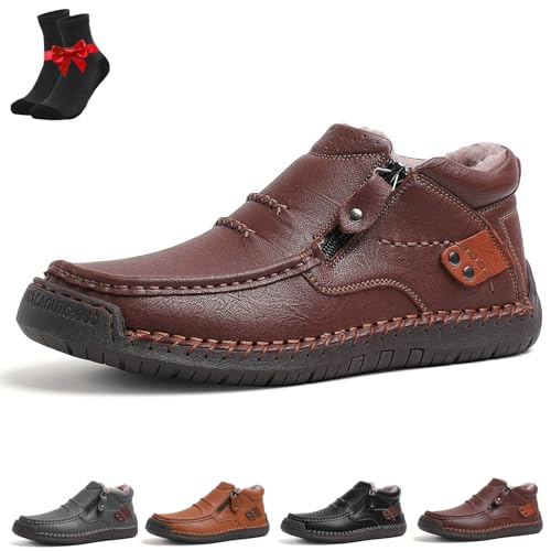 Bofine-Schuhe for Herren, handgefertigte Slipper aus hochwertigem Leder, breite Zehenpartie, seitlicher Reißverschluss(Brown(Plush lining),47 EU) von EDAT