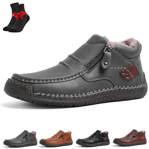 Bofine-Schuhe for Herren, handgefertigte Slipper aus hochwertigem Leder, breite Zehenpartie, seitlicher Reißverschluss(Grey(Plush lining),43 EU) von EDAT