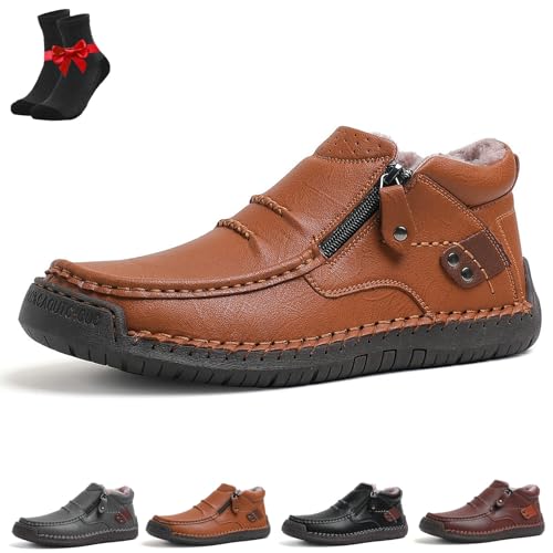 Bofine-Schuhe for Herren, handgefertigte Slipper aus hochwertigem Leder, breite Zehenpartie, seitlicher Reißverschluss(Light Brown(Plush lining),40 EU) von EDAT