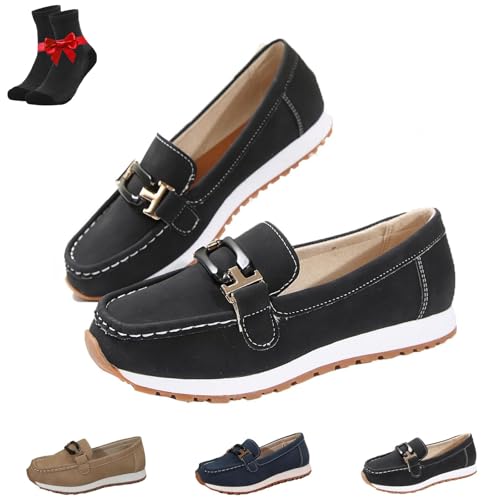 EDAT Lässige Damen-Loafer mit Wildleder-Obermaterial und Dicker Sohle, mit Ketten verzierte Slip-On-Bootsschuhe, leichte Flache Wanderschuhe(Black,39 EU) von EDAT
