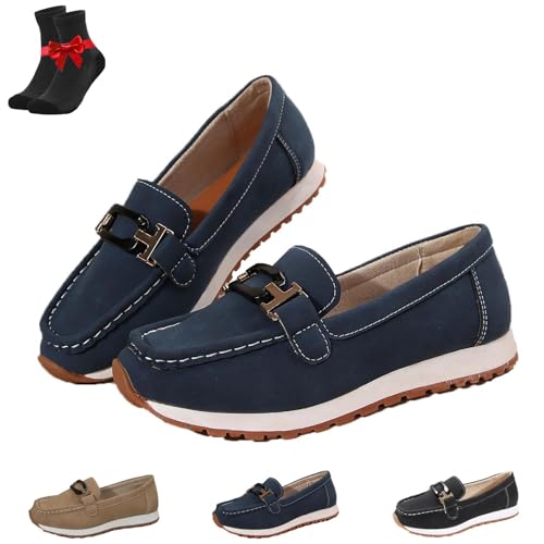 EDAT Lässige Damen-Loafer mit Wildleder-Obermaterial und Dicker Sohle, mit Ketten verzierte Slip-On-Bootsschuhe, leichte Flache Wanderschuhe(Dark Blue,37 EU) von EDAT