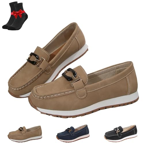 EDAT Lässige Damen-Loafer mit Wildleder-Obermaterial und Dicker Sohle, mit Ketten verzierte Slip-On-Bootsschuhe, leichte Flache Wanderschuhe(Khaki,41 EU) von EDAT