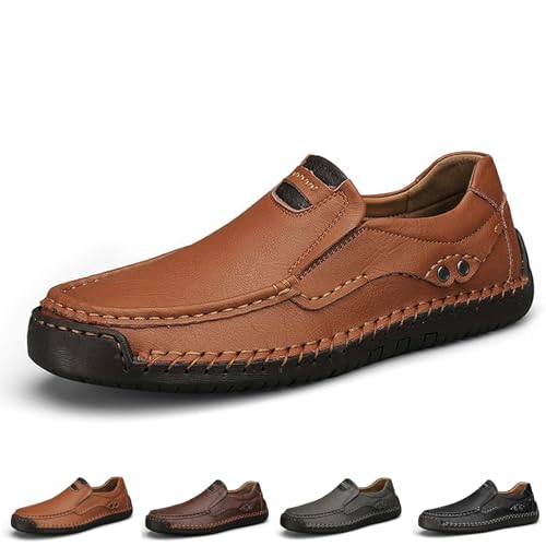 EDAT Mokassins Business Walking Loafer Flats Schuhe, Herren Handgefertigte Bequeme Slip-on Flache Lederschuhe(Brown,40 EU) von EDAT