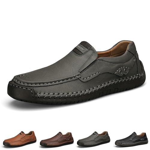 EDAT Mokassins Business Walking Loafer Flats Schuhe, Herren Handgefertigte Bequeme Slip-on Flache Lederschuhe(Grey,48 EU) von EDAT