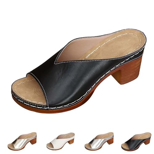 EDAT Orthopädische High Heel Sandalen, Niedrige Blockabsatz Sandalen Damen Weite Passform,Peeptoe(Black,38 EU) von EDAT