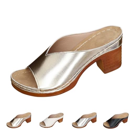 EDAT Orthopädische High Heel Sandalen, Niedrige Blockabsatz Sandalen Damen Weite Passform,Peeptoe(Gold,42 EU) von EDAT