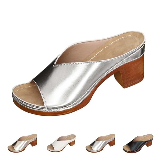 EDAT Orthopädische High Heel Sandalen, Niedrige Blockabsatz Sandalen Damen Weite Passform,Peeptoe(Silver,40 EU) von EDAT