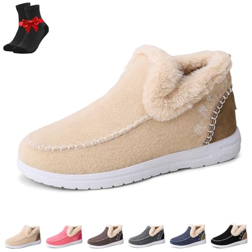 EDAT Schneestiefel for Damen, flache, flauschige Winterstiefeletten, warmes Kunstfellfutter, rutschfeste Slipper(Beige,42 EU) von EDAT