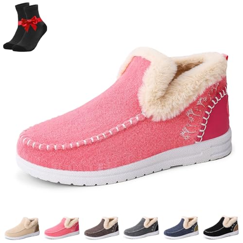 EDAT Schneestiefel for Damen, flache, flauschige Winterstiefeletten, warmes Kunstfellfutter, rutschfeste Slipper(Rose,42 EU) von EDAT