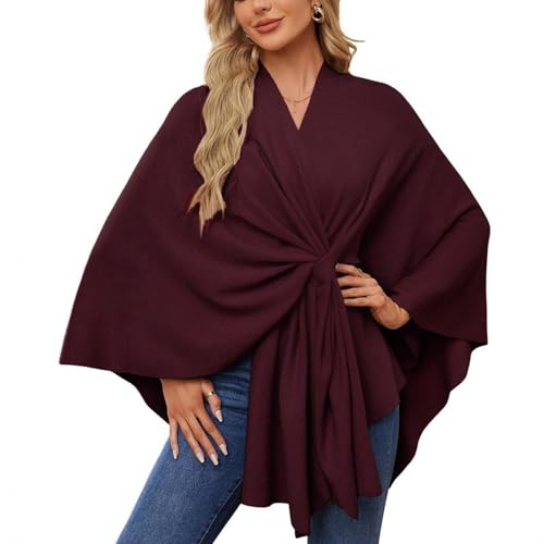 EDAT Simplifyleast Schal-Wickeltuch, eleganter Schal-Wickeltuch, weicher Poncho-Pullover mit offener Vorderseite, einfarbiger(Wine Red) von EDAT