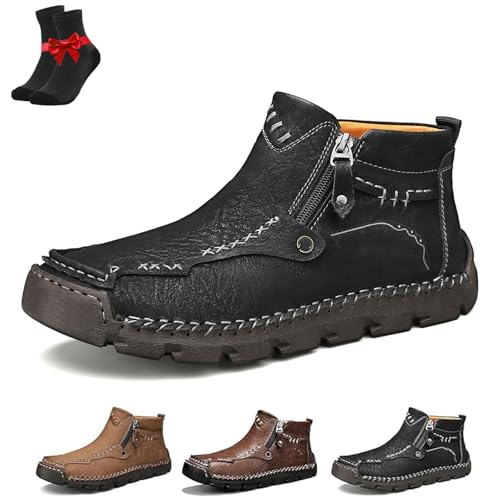 EDAT Stepthetop Motorradstiefel, Step the Top handgenähte Lederstiefel – breite Zehenpartie, rutschfest for Arbeit, Wandern(Black-plush,44 EU) von EDAT