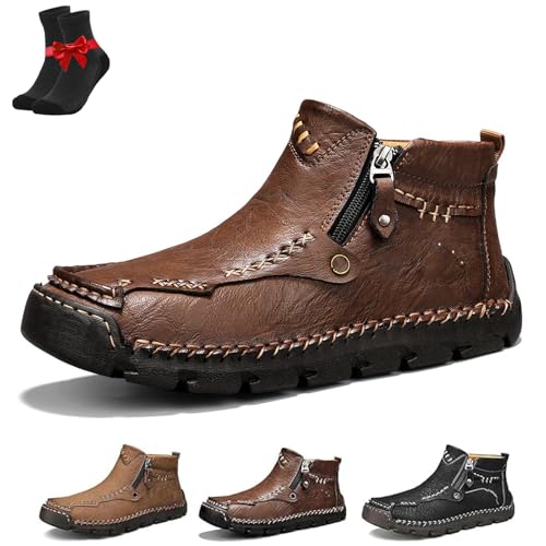 EDAT Stepthetop Motorradstiefel, Step the Top handgenähte Lederstiefel – breite Zehenpartie, rutschfest for Arbeit, Wandern(Brown-plush,39 EU) von EDAT