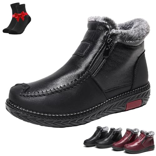 EDAT Wasserdichte, rutschfeste Baumwolllederstiefel for Damen, dicke Winterstiefel mit Plüschfellfutter und Reißverschluss(Black,36 EU) von EDAT