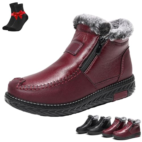 EDAT Wasserdichte, rutschfeste Baumwolllederstiefel for Damen, dicke Winterstiefel mit Plüschfellfutter und Reißverschluss(Red,38 EU) von EDAT