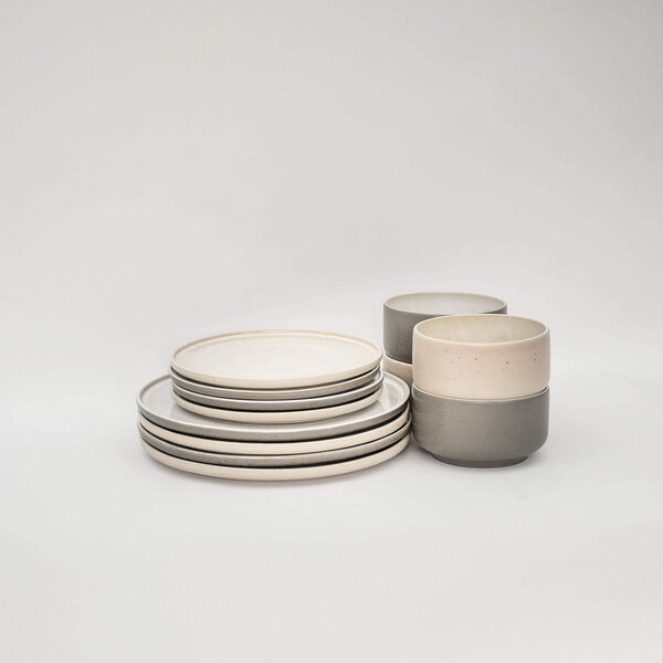 EDDA stoneware Lunch-Set Mixed - Granit Grau & Cappuccino Beige aus Steingut (handgemacht) von EDDA stoneware